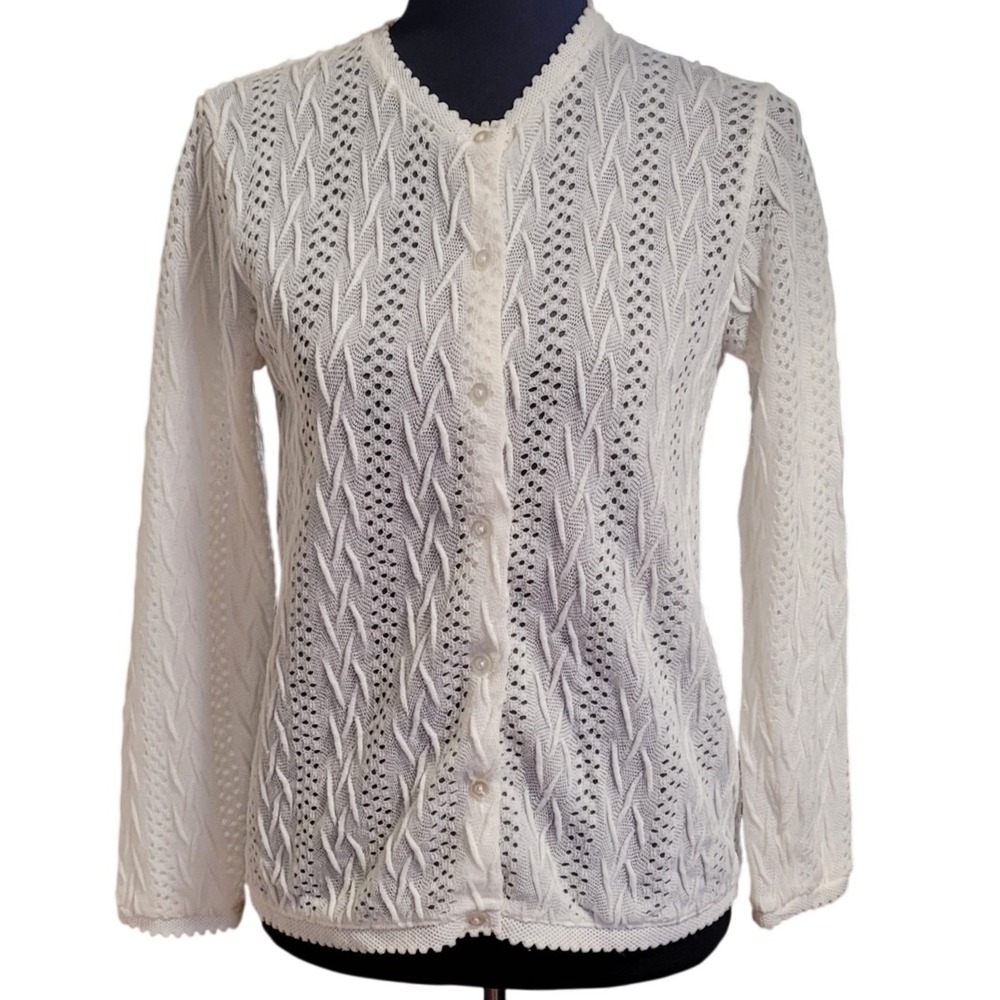 White Pointelle Cardigan S Vintage 60s Seamless Knit Japan‎ Lightweight Feminine